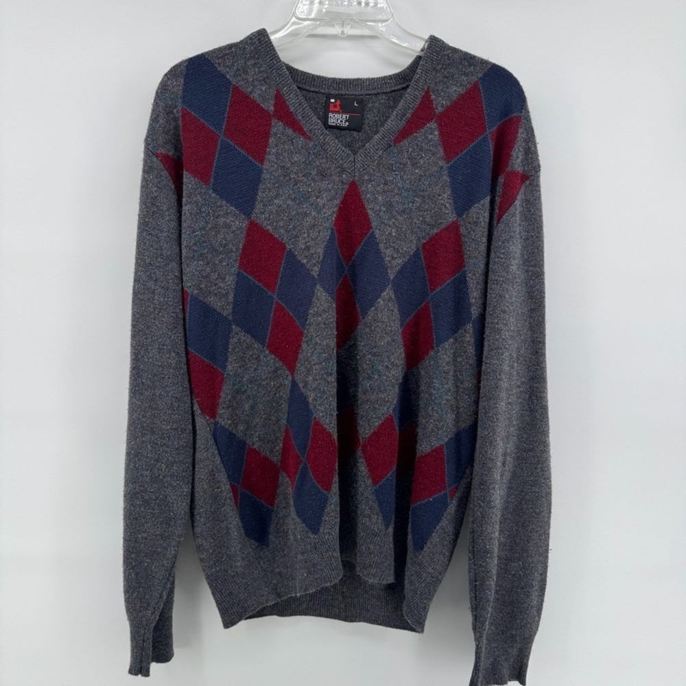 Vintage Robert Bruce Mens L Argyle V-Neck Sweater Gray Burgundy Preppy Golf Dad